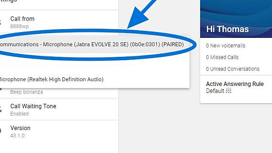 Screenshot of: Add your headset as a microphone (ex: Jabra EVOLVE 20 SE in the picture)