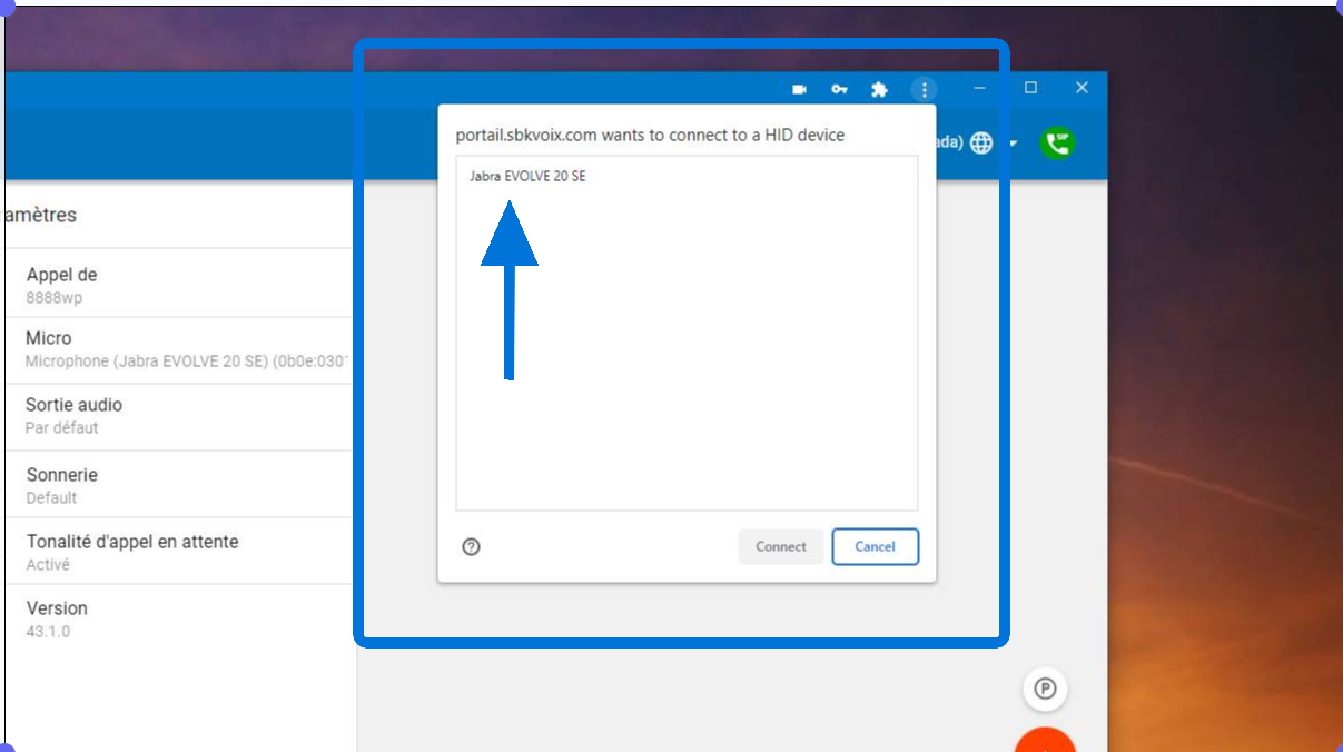 Screenshot of: A window will open to allow the connection of your headset to the SBK platformt. You must select your headset (e.g. Jabra EVOLVE 20 SE in the picture)