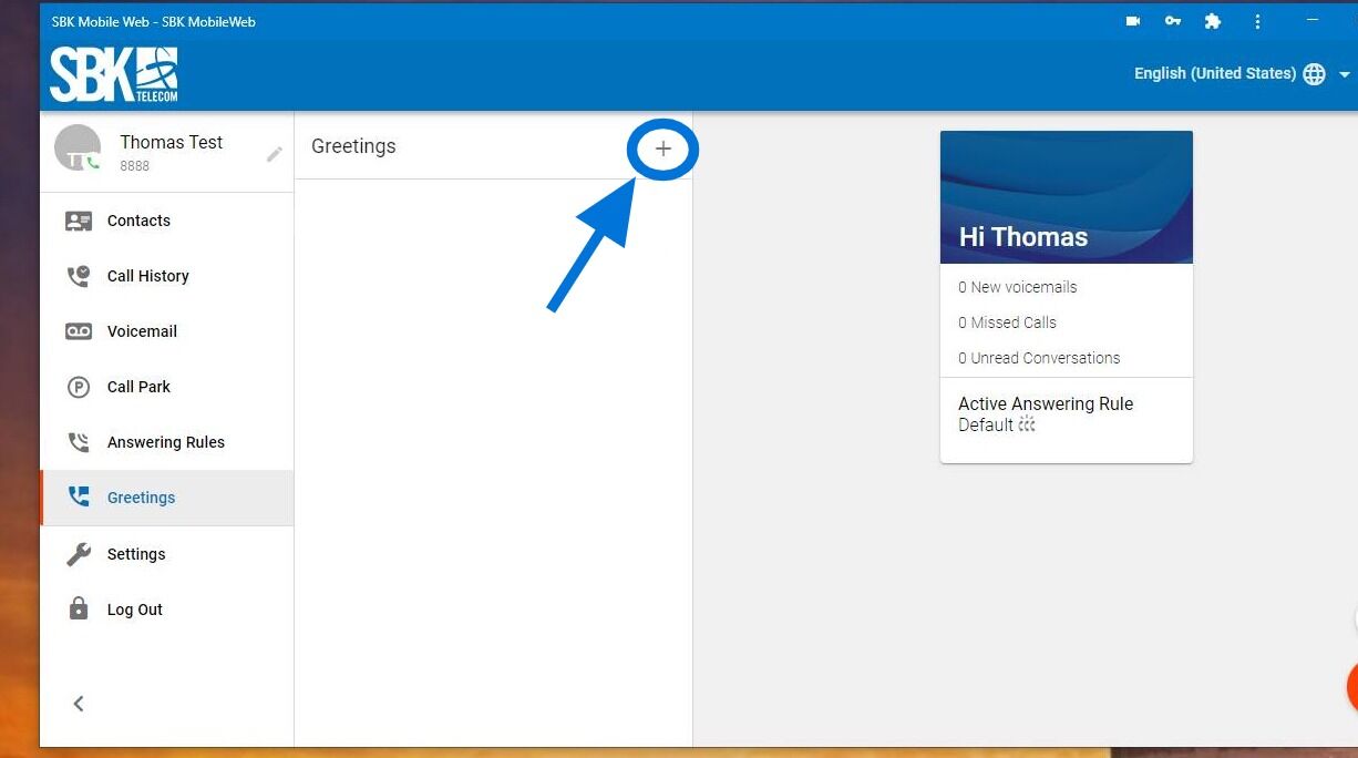 Screenshot of: Once you have arrived in the "Greetings" section, you can record your own by pressing the + button