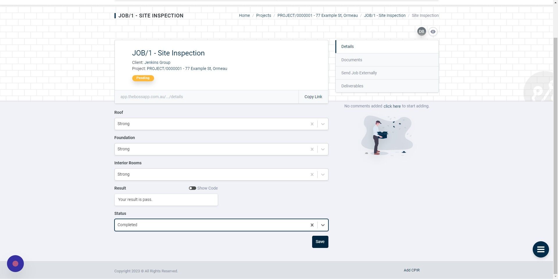 Screenshot of: Click "Save" to save the results of the Site Inspection to the Project.