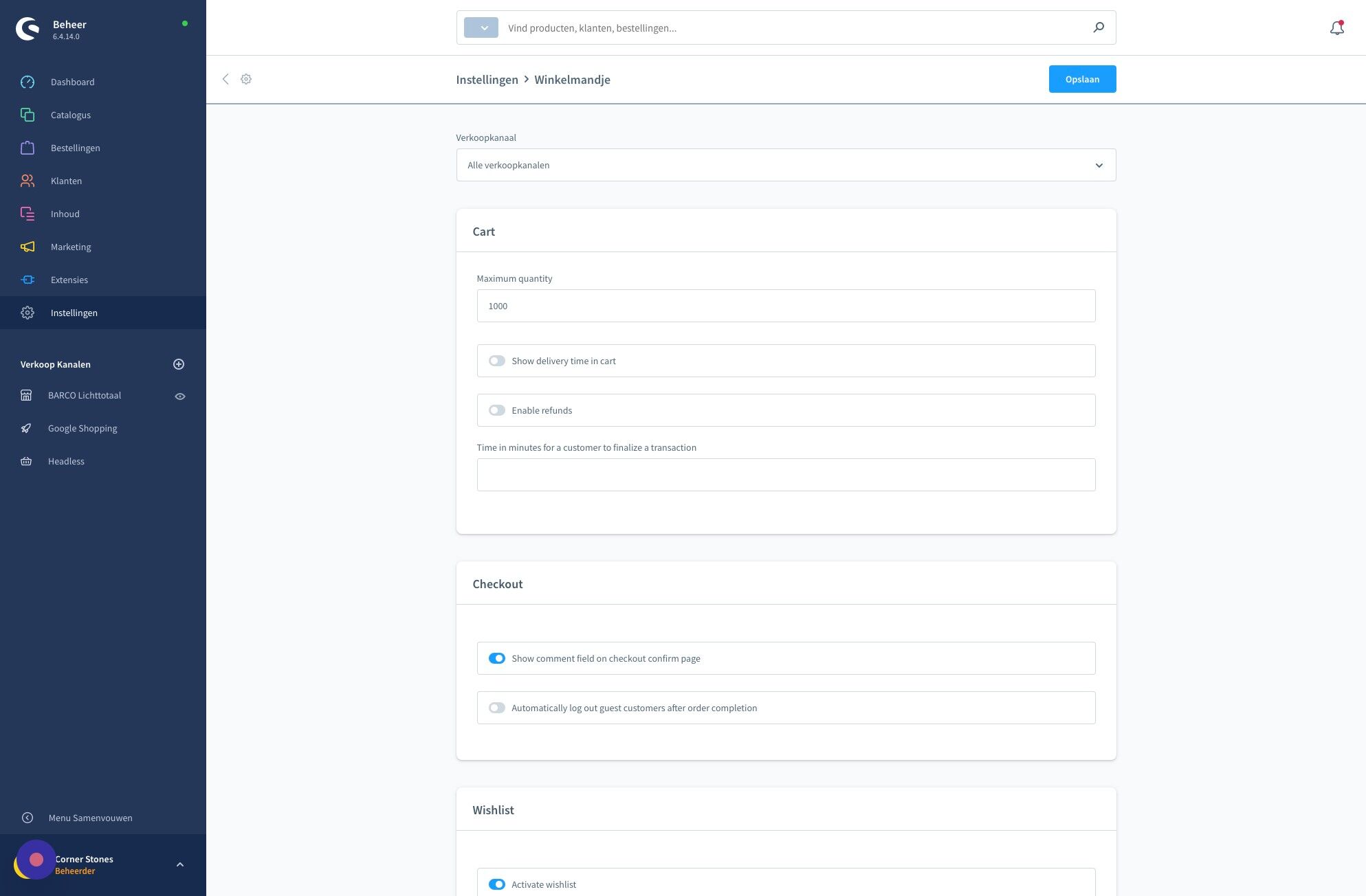 Screenshot of: Klik het veld "Maximum quantity" onder "cart".