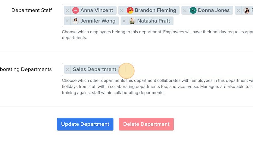 Screenshot of: All you need to do is select which other departments this one should collaborate with and save this information.