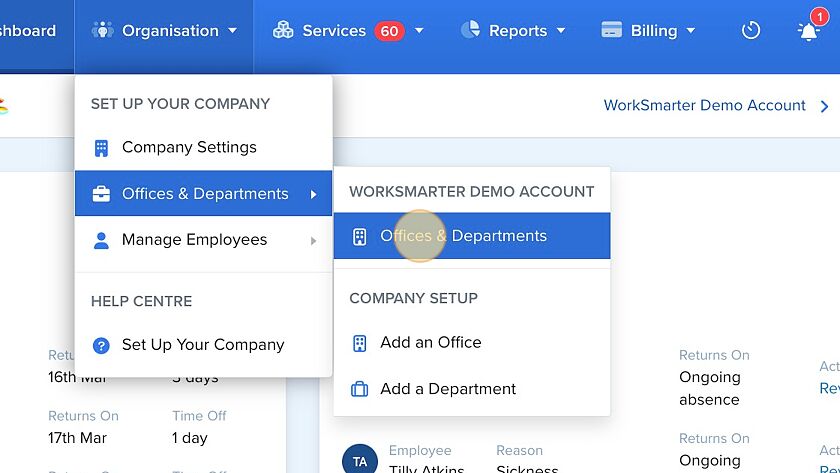 Screenshot of: Click "Offices & Departments"