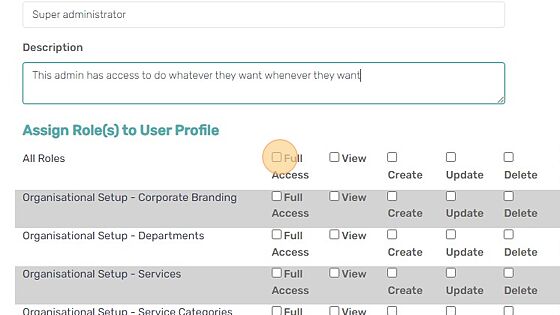 Screenshot of: Select the relevant Roles and Permissions for the user