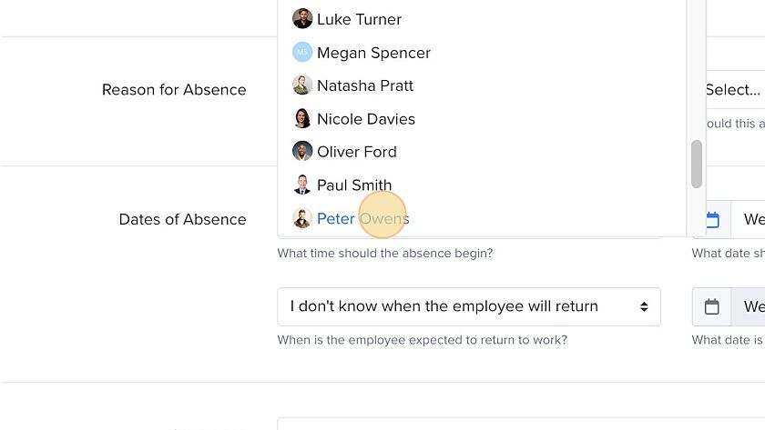 Screenshot of: Choose the user you want to record information for from the drop-down menu.