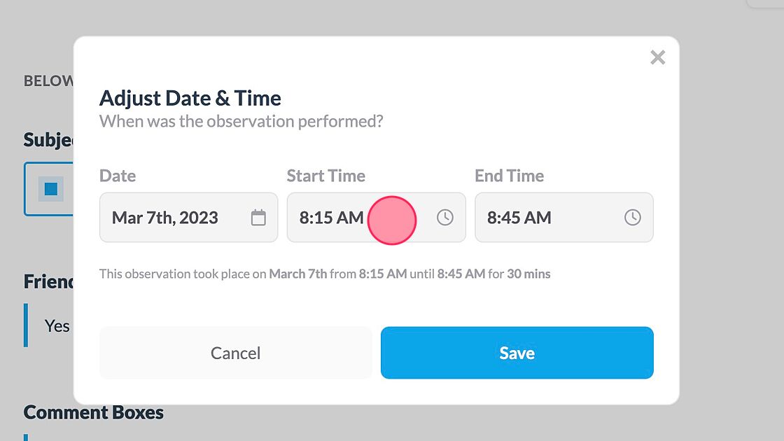 Screenshot of: Make changes to the date, start time, or end time. 