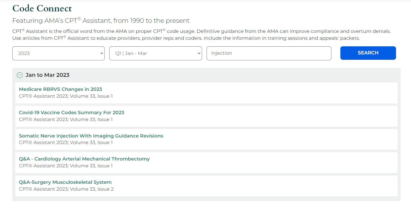 Screenshot of: Code Connect: CPT Assistant Search is available for Pro Fee or Complete Coder subscriptions. 
