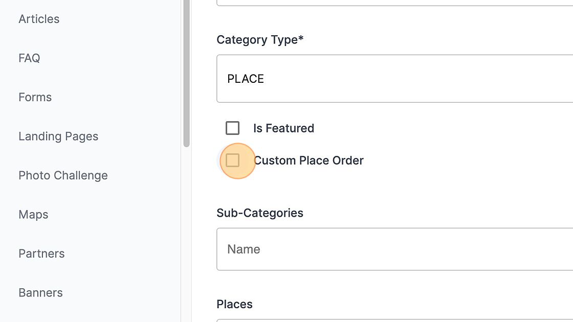 Screenshot of: Click "Custom Place Order." If this is not selected, the items will display in alphabetical order.