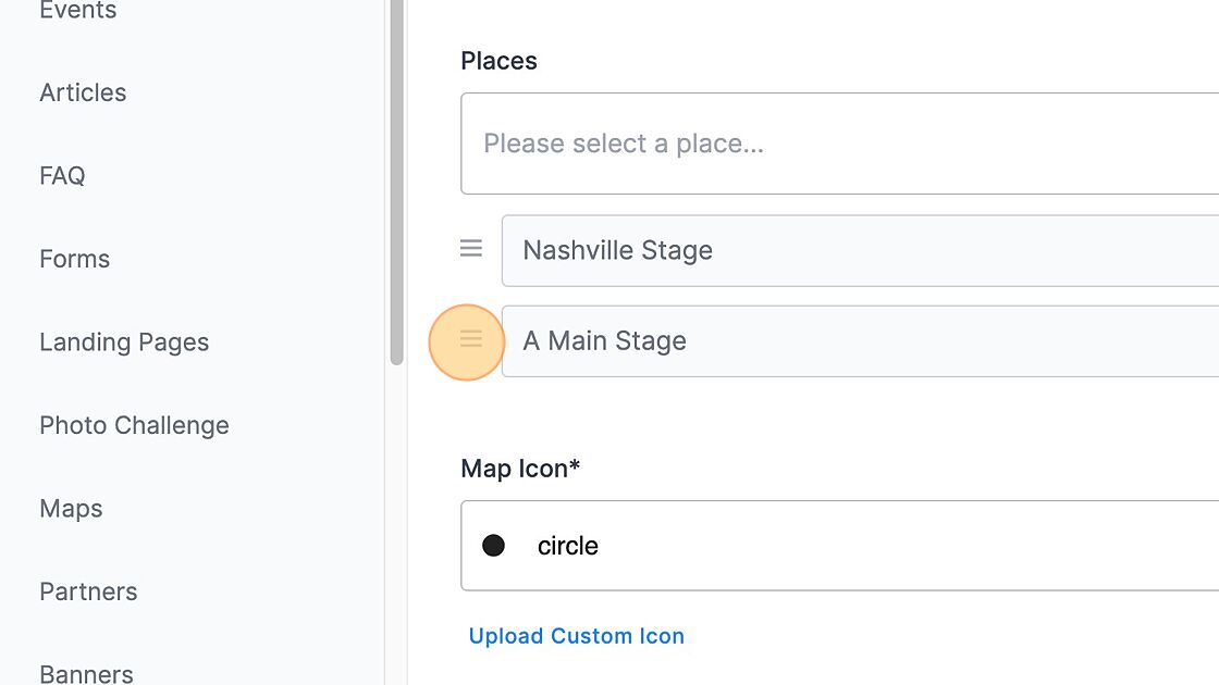 Screenshot of: Use the icons to the left of the stages/places to drag and drop into your preferred order.