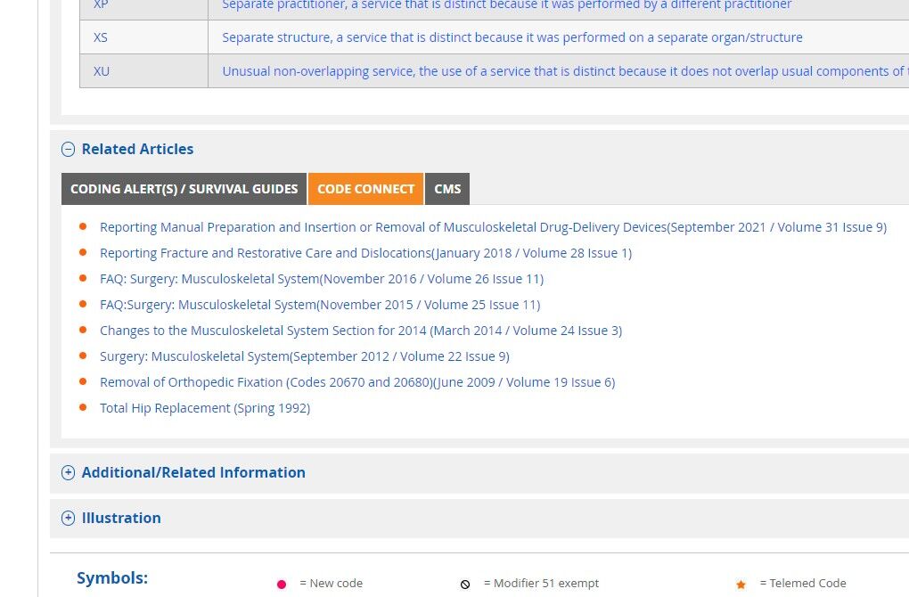 Screenshot of: You will also see CPT Assistant articles on the code details page under the Related Articles tab