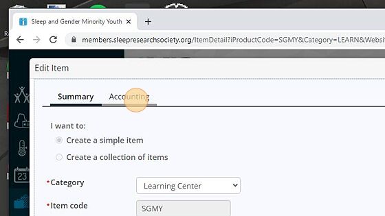 Screenshot of: Go back into product edit mode and click "Accounting"