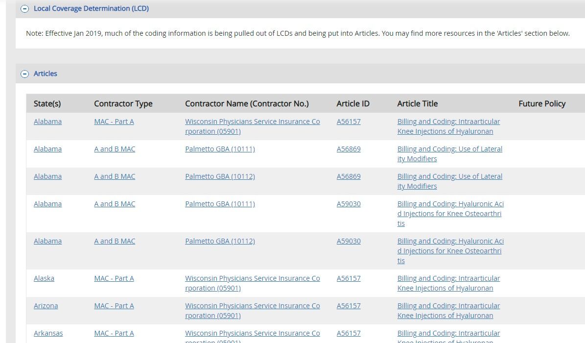 Screenshot of: These Articles will be directly linked to the LCD policy 