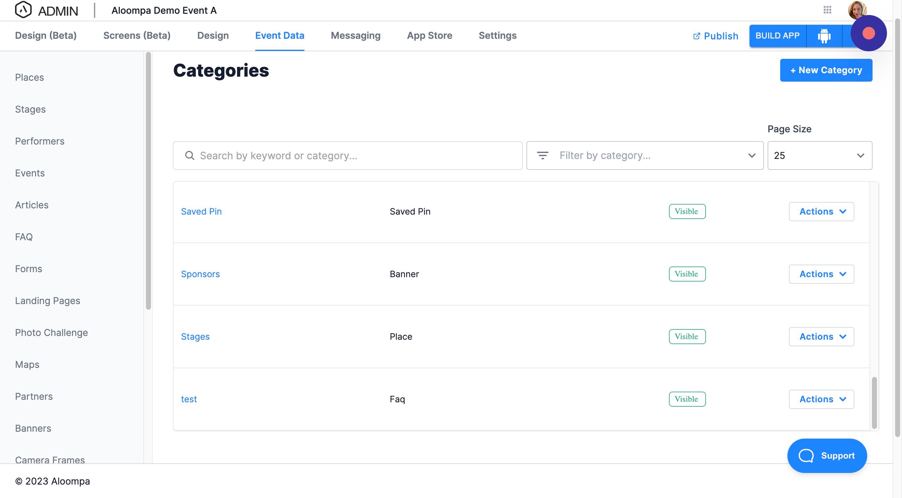 Screenshot of: Click "Stages" or "Places" - whatever your category that is assigned to display on your Schedule Where screen. The column Type must read "Place."