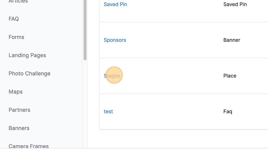 Screenshot of: Click "Stages" or "Places" - whatever your category that is assigned to display on your Schedule Where screen. The column Type must read "Place."