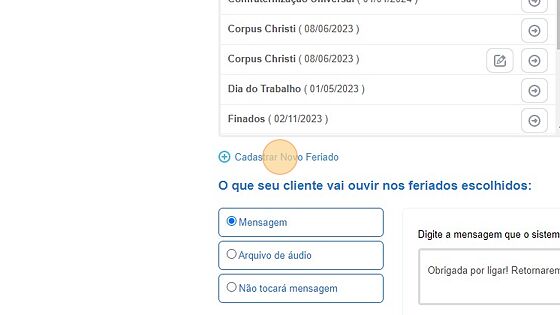 Screenshot of: Click "Cadastrar Novo Feriado"