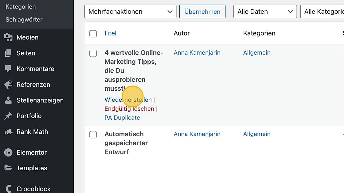 Screenshot of: Sollte Dir das versehentlich passieren, kannst Du im Papierkorb den Beitrag wiederherstellen.
