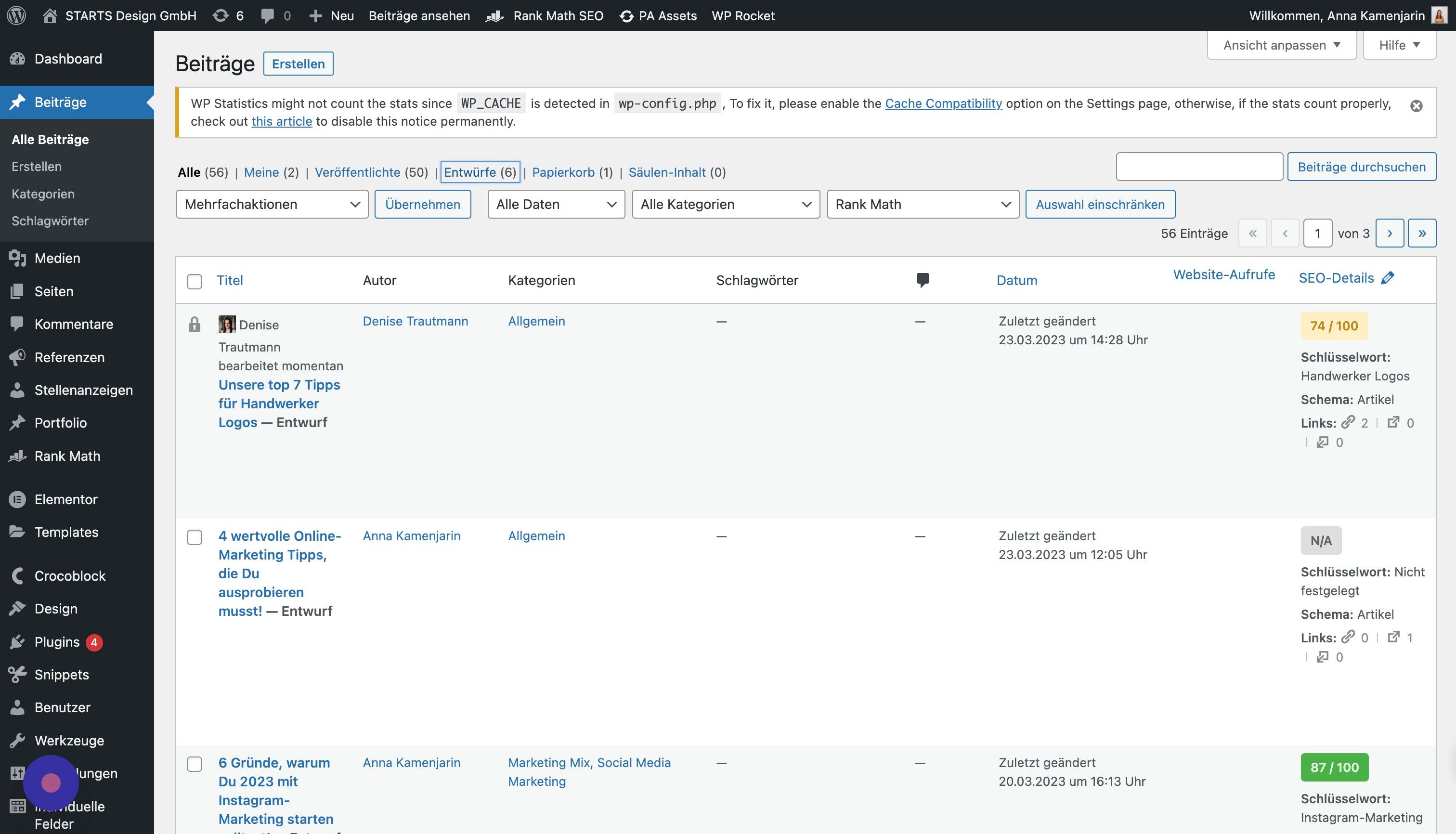 Screenshot of: In der oberen Leiste kannst Du Deine bisherigen Beiträge filtern oder nach Stichworten suchen.