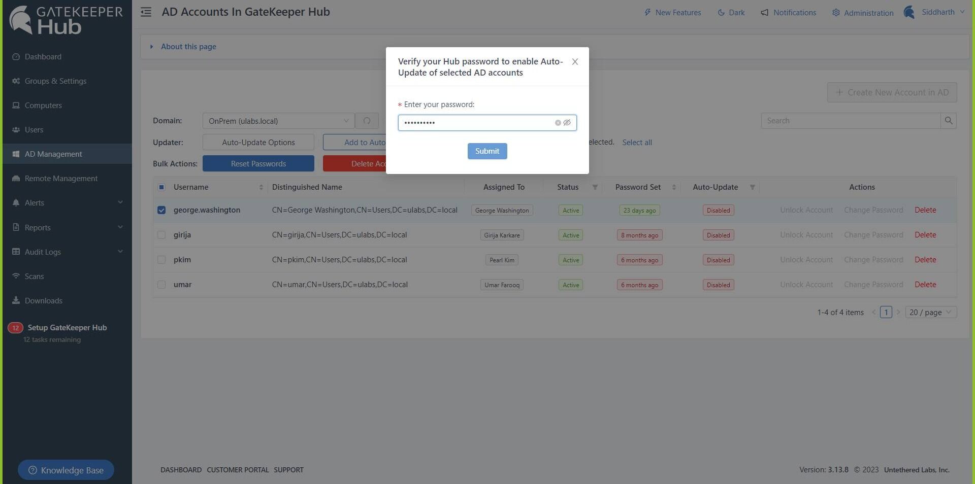 Screenshot of: Validate your GateKeeper Hub password to enable Auto-Update for the chosen AD Accounts.