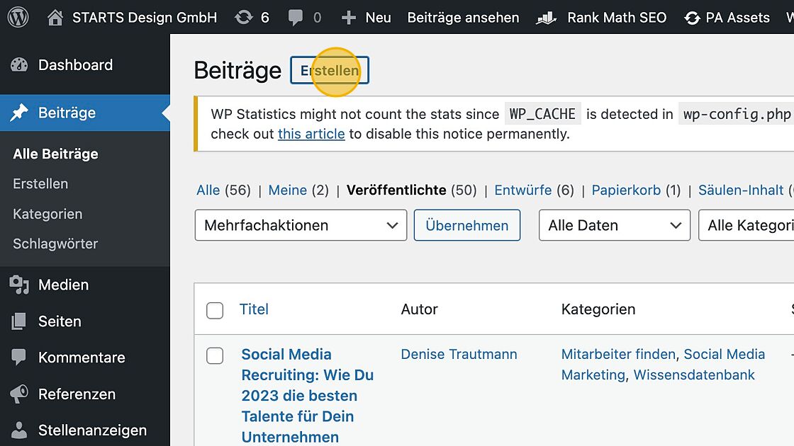 Screenshot of: Mit einem Klick auf "Erstellen" kreierst Du einen neuen Blogbeitrag.