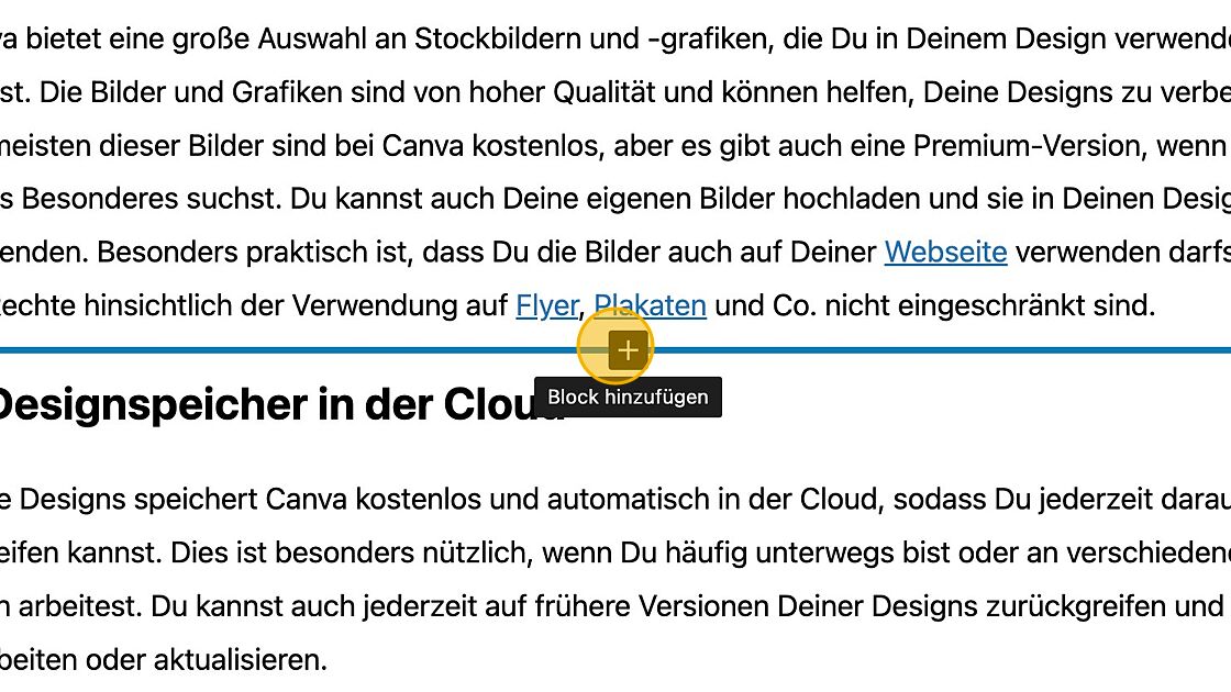 Screenshot of: Indem Du über den Text hoverst, wird ein Plus angezeigt.