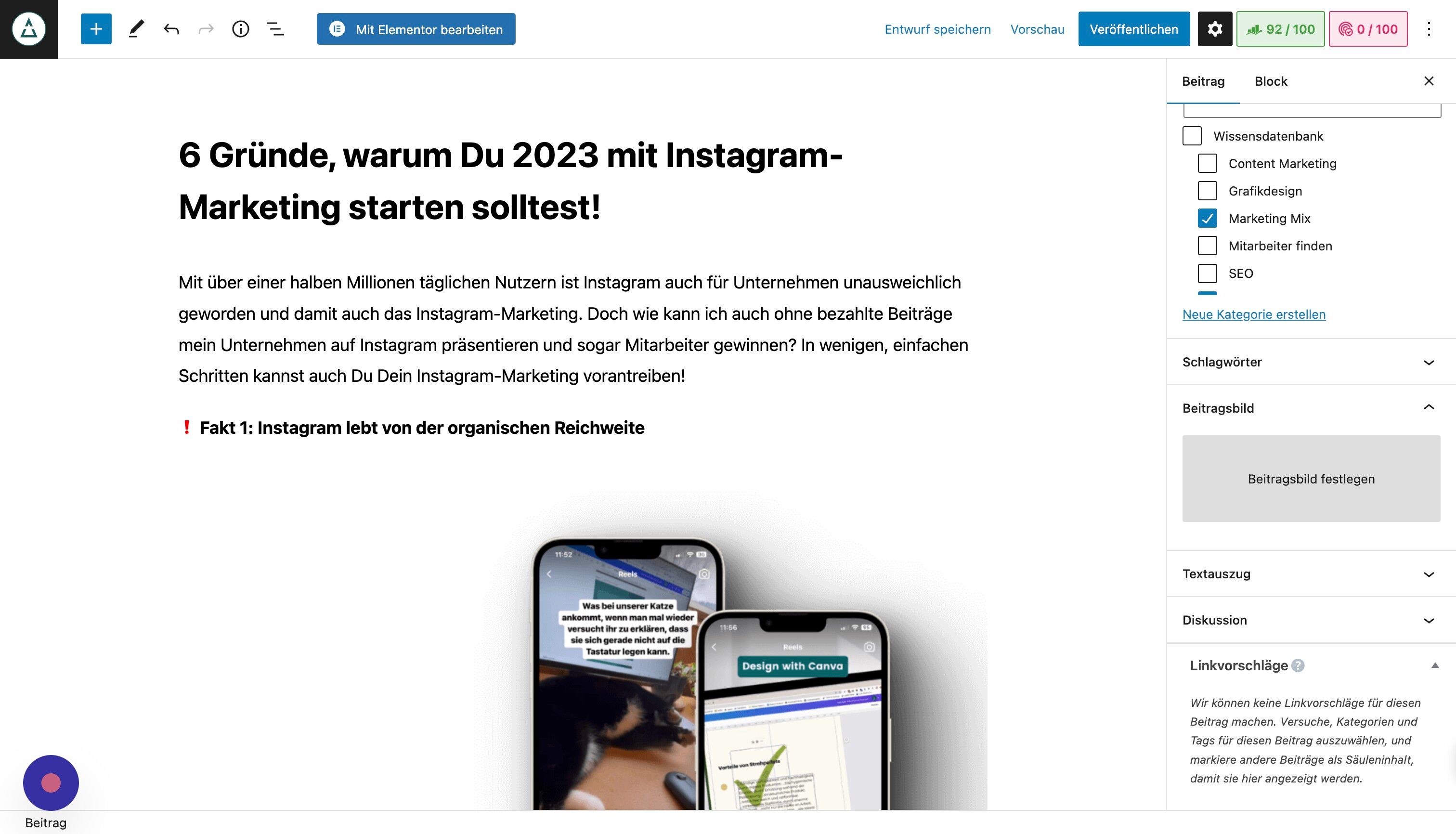 Screenshot of: Klicke auf "Beitragsbild festlegen".