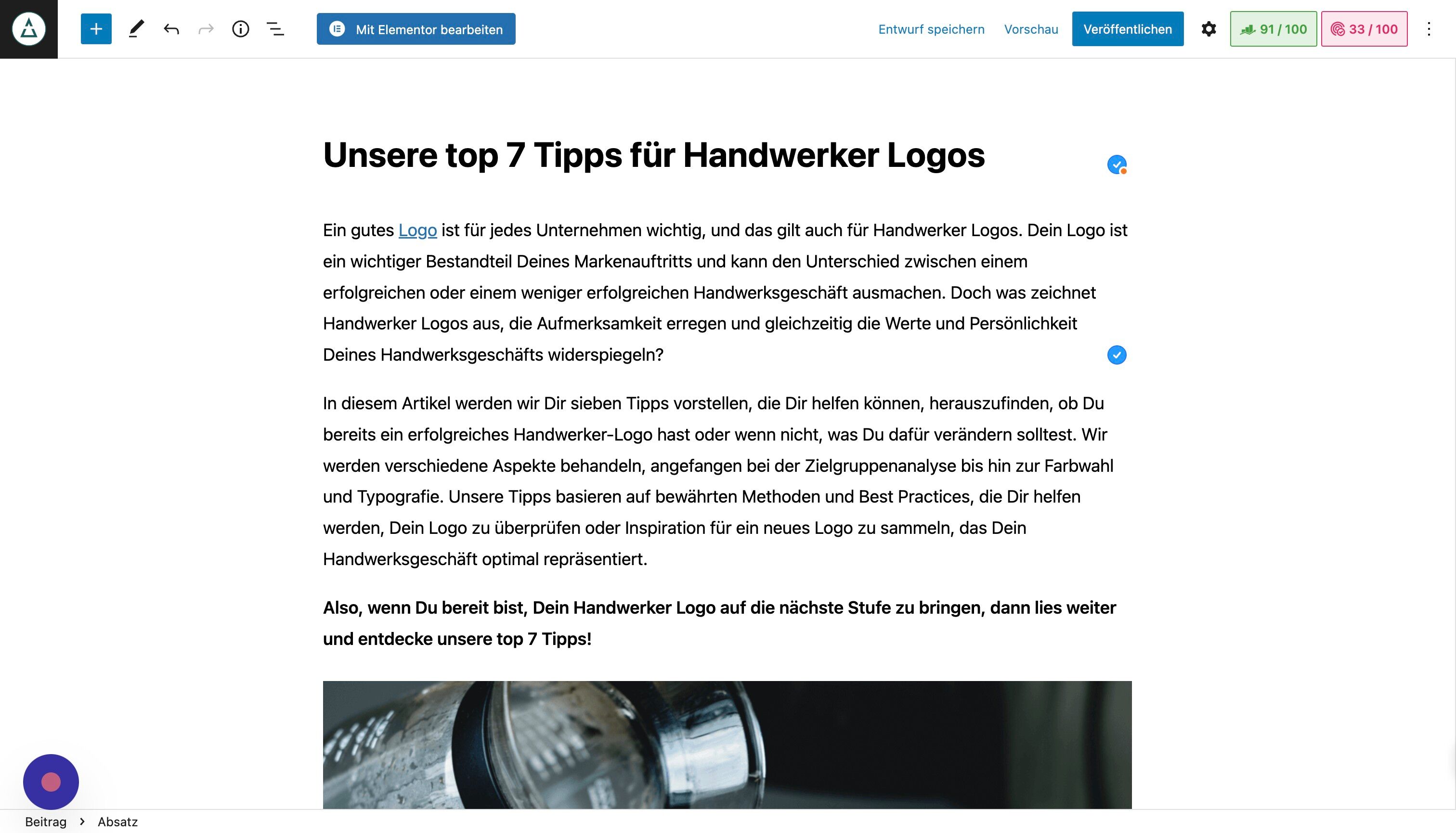 Screenshot of: Über den Button erkennen wir unseren SEO-Score: Je höher, desto besser! 