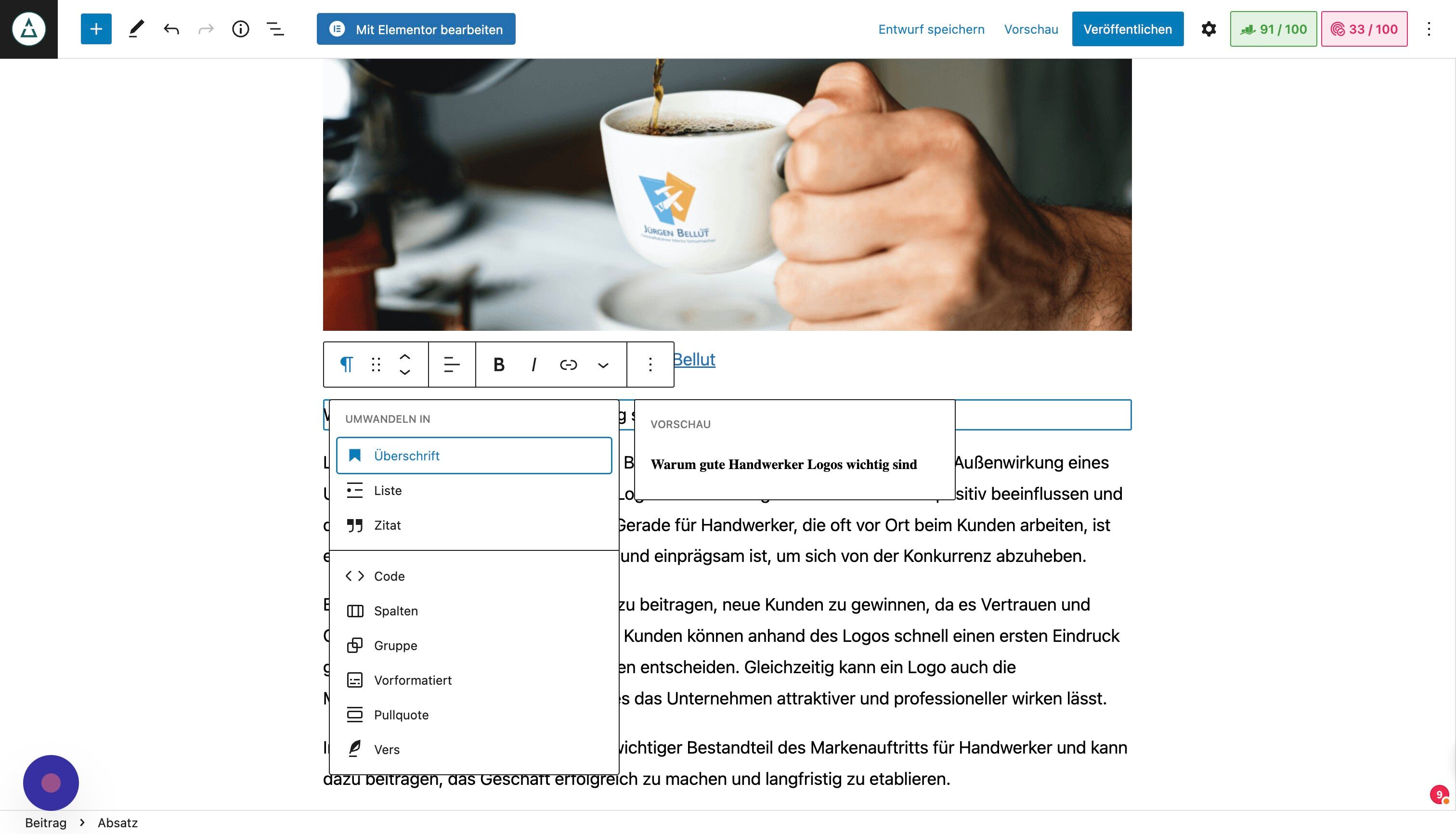 Screenshot of: Und wähle "Überschrift" aus.