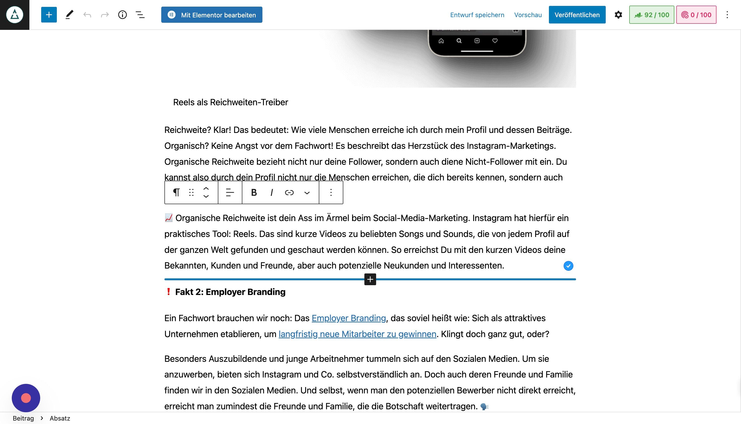 Screenshot of: Hovere über den Text, bis ein kleines Plus erscheint. 