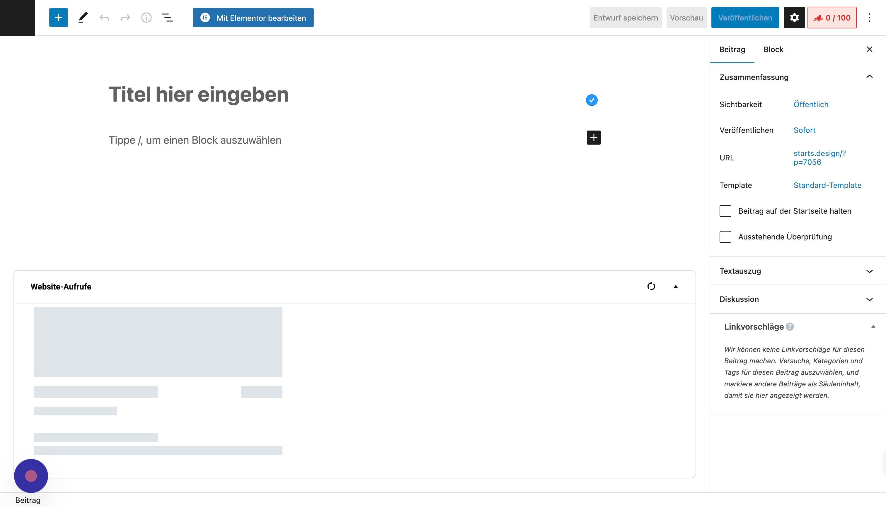 Screenshot of: Lege den Titel für den Beitrag fest. Dieser sollte auch dein focus keyword enthalten (siehe SEO-Optimierung)