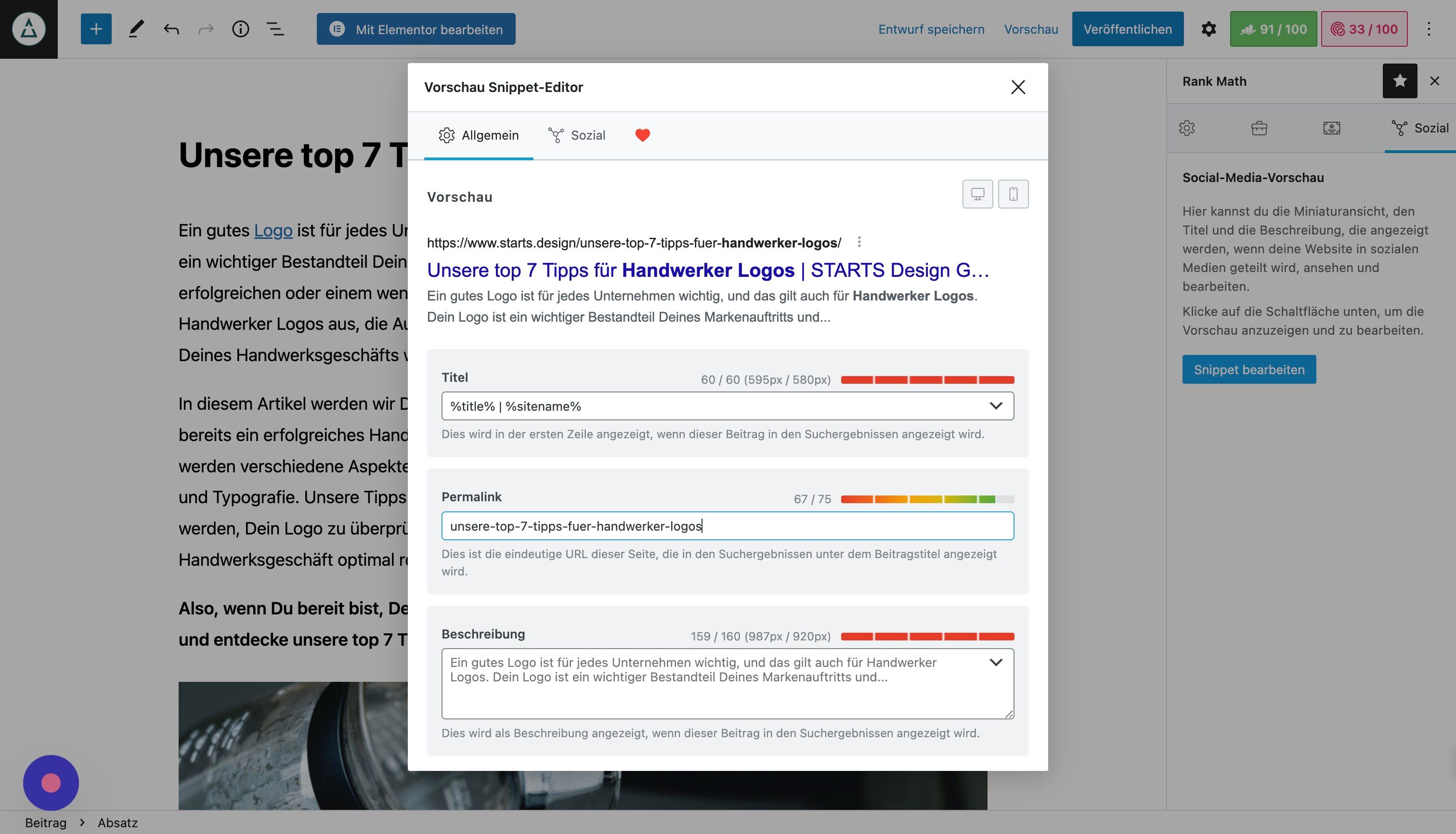 Screenshot of: Und fülle sowohl den Permalink, als auch die Beschreibung mit deinem focus keyword. Achte darauf, dass Du die Textlänge im grünen Bereich hältst (also max. 75 Zeichen)
