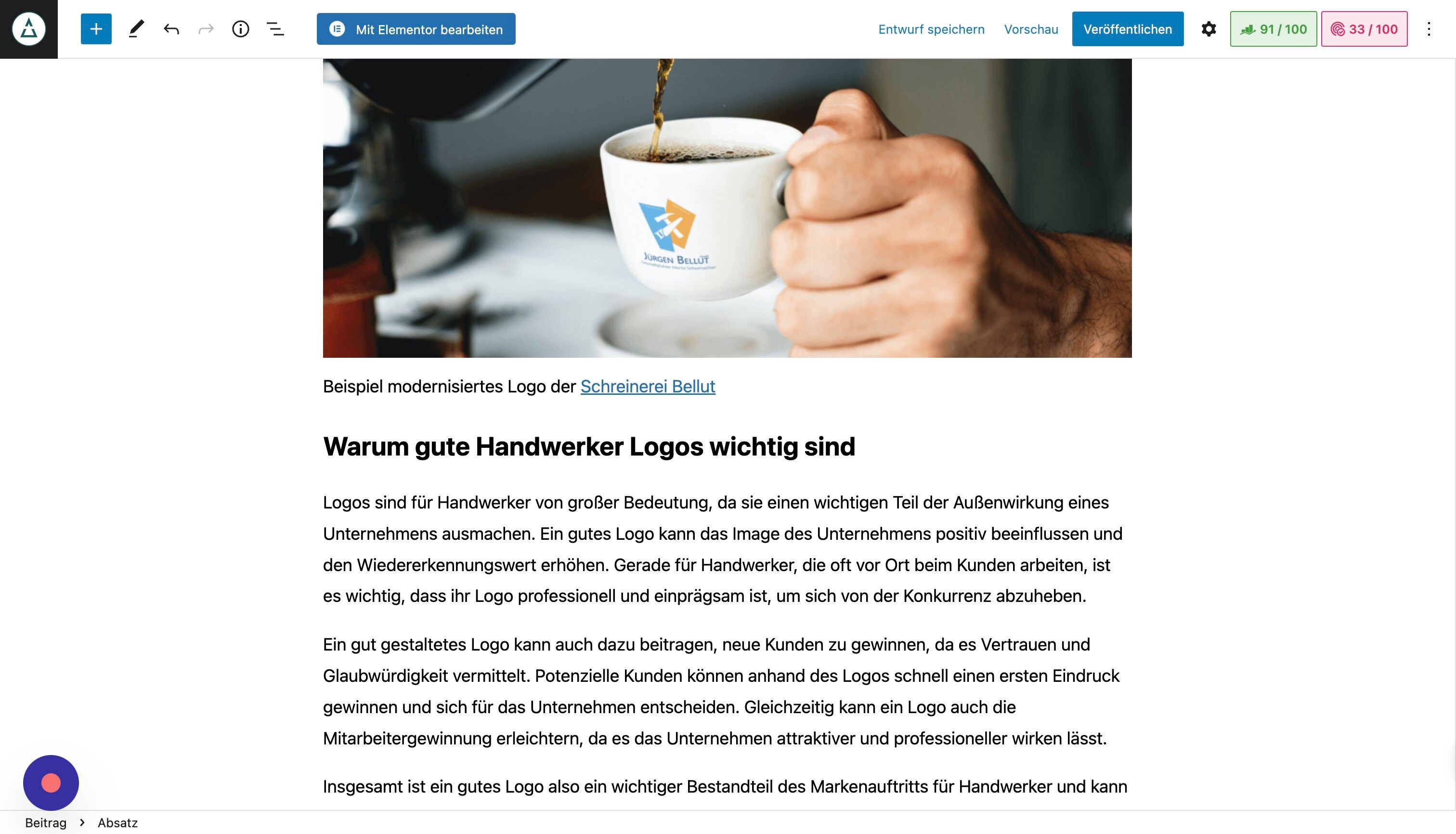 Screenshot of: Auch in Unterüberschriften sollte das focus keyword auftauchen.