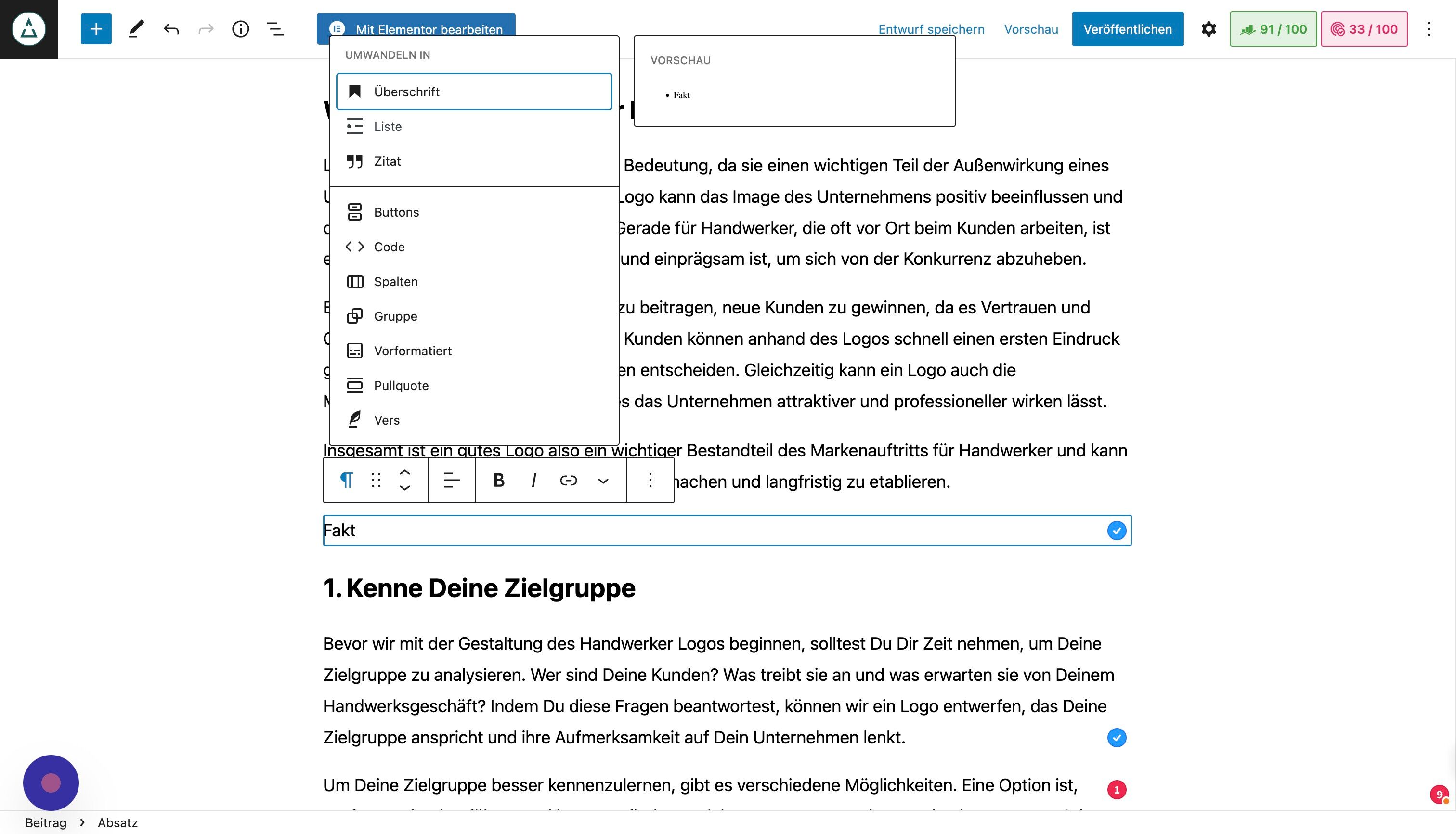 Screenshot of: Du kannst den Text noch weiter formatieren: Zum Beispiel durch Listen.
