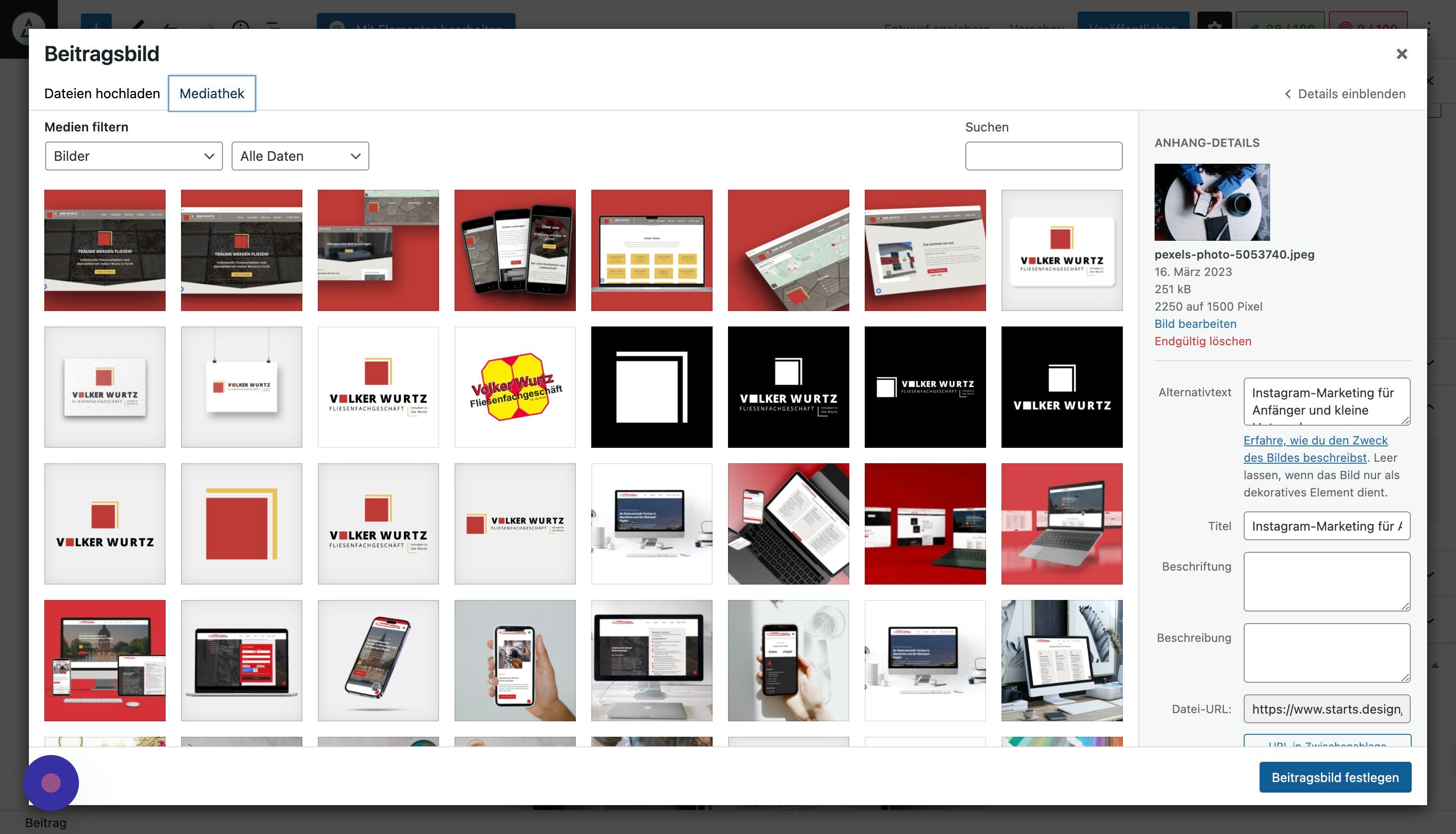 Screenshot of: Setzte den Titel und Alternativtext mit Deinem focus keyword (siehe hierzu "SEO-Optimierung") und klicke auf Beitragsbild festlegen.