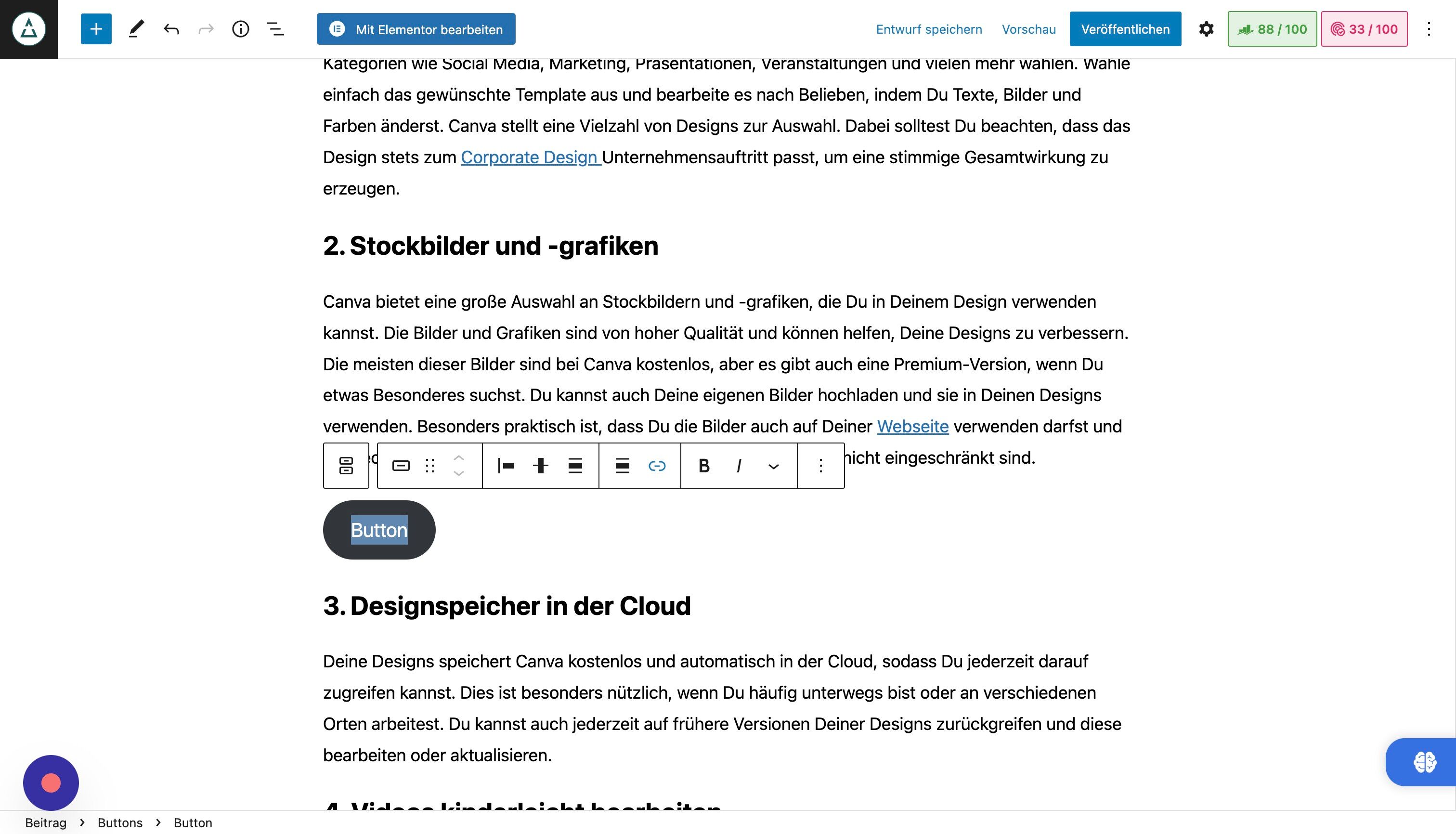Screenshot of: Setze den Text und füge noch einen Link ein. Dieser ist dann das Ziel, wenn der Besucher auf den Button klickt.