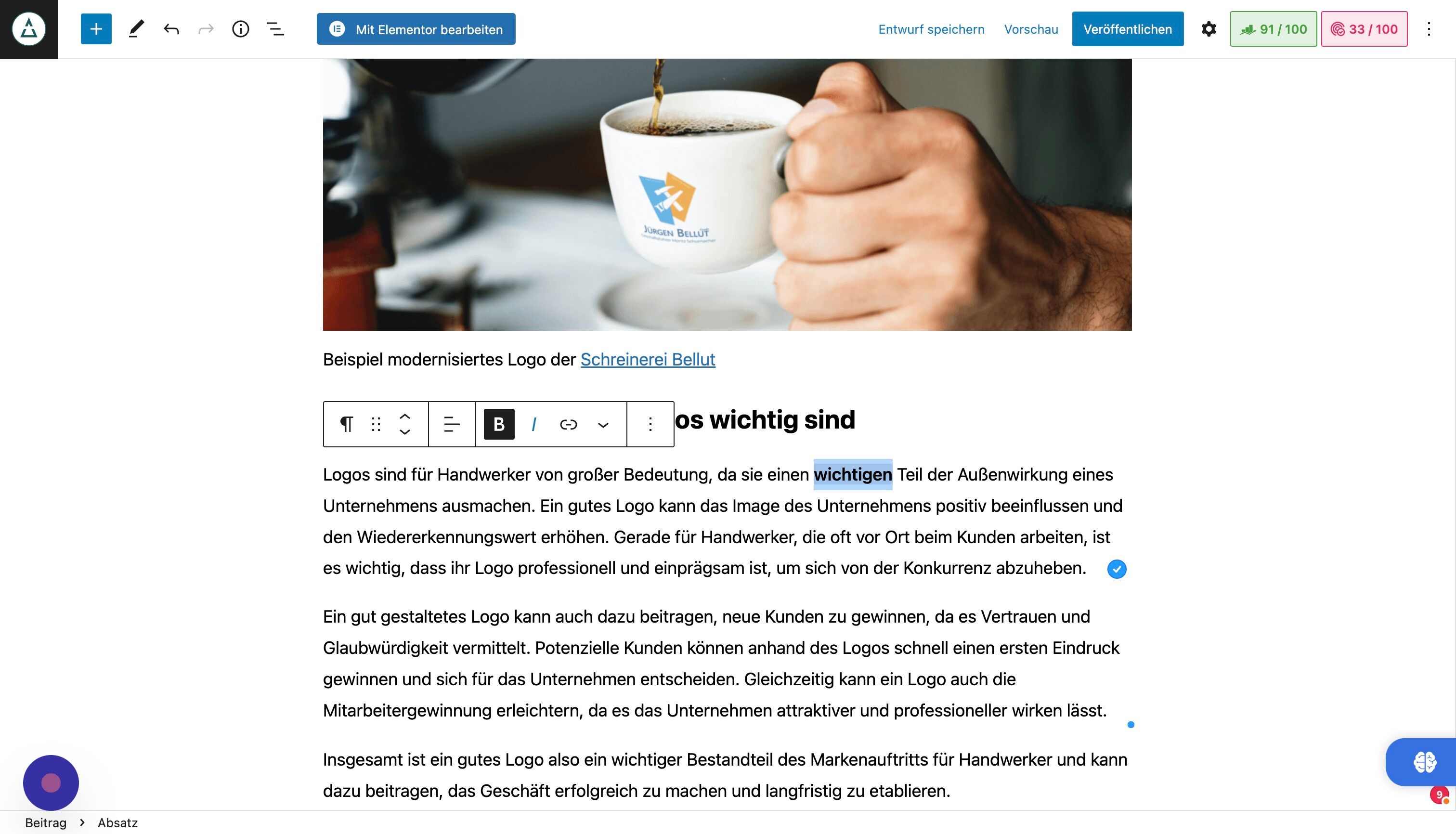 Screenshot of: Durch einen Klick auf das "I" wird das Wort kursiv geschrieben.