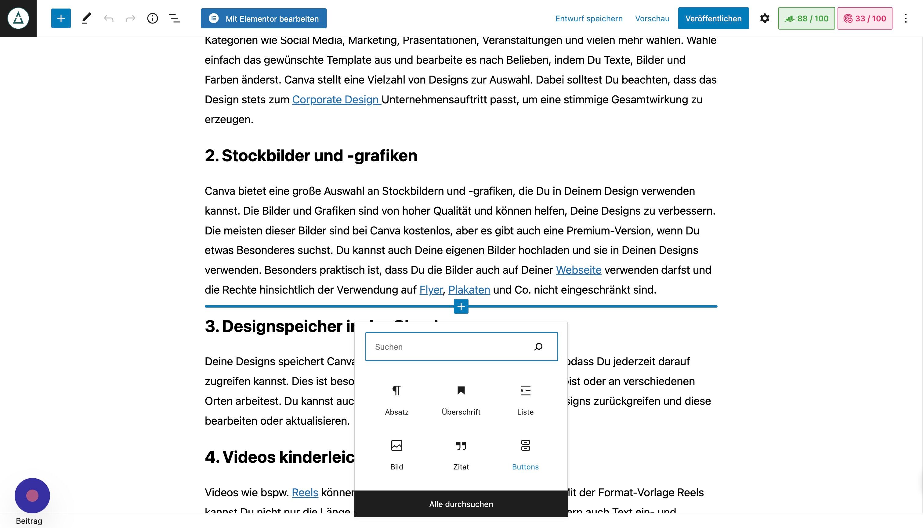 Screenshot of: Hier kannst Du weitere Elemente, wie zum Beispiel einen Button einfügen. 
