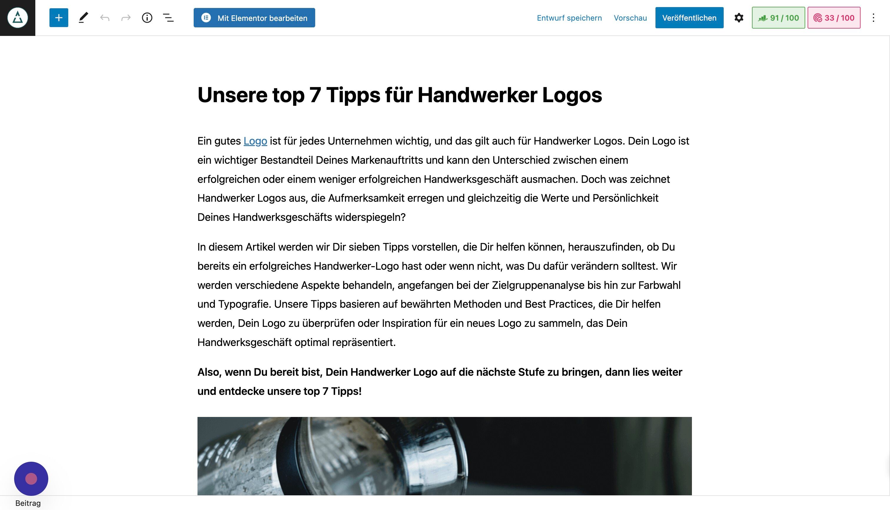 Screenshot of: Lege ein focus Keyword fest, das inhaltlich zu Deinem Text passt. In diesem Fall lautet es "Handwerker Logos".