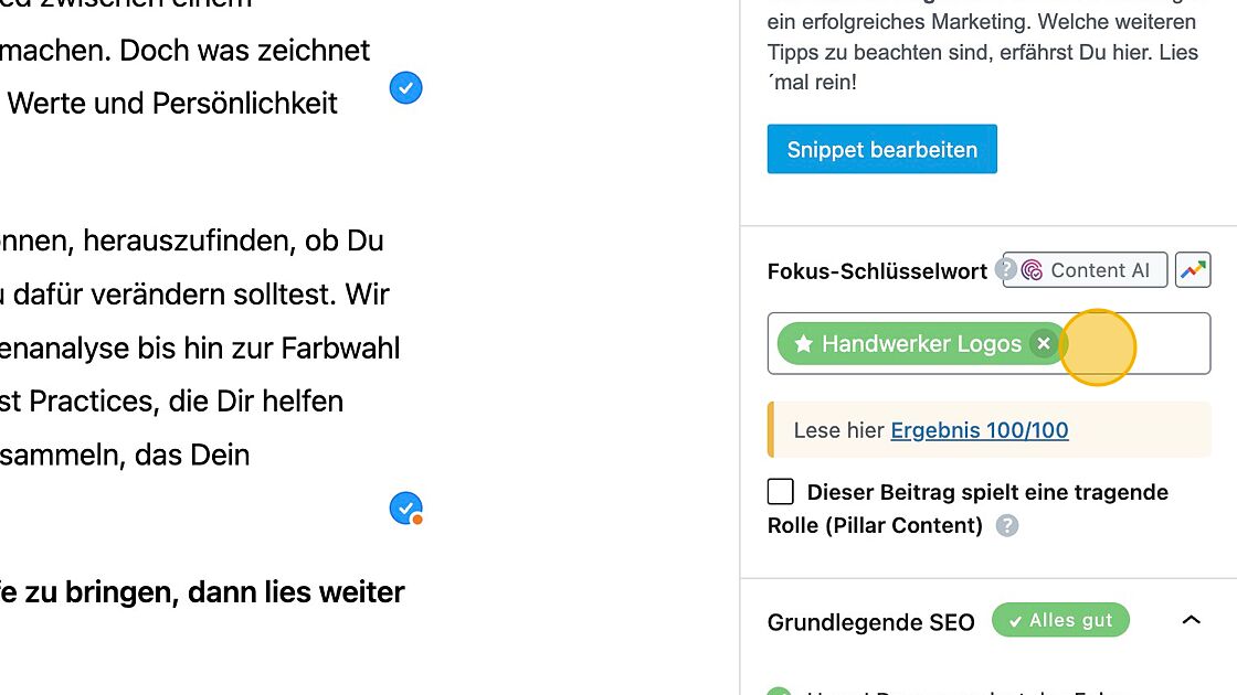 Screenshot of: Füge hier das focus keyword ein. Es sollte relevant, in deinem Blog einzigartig und inhaltsbezogen sein.