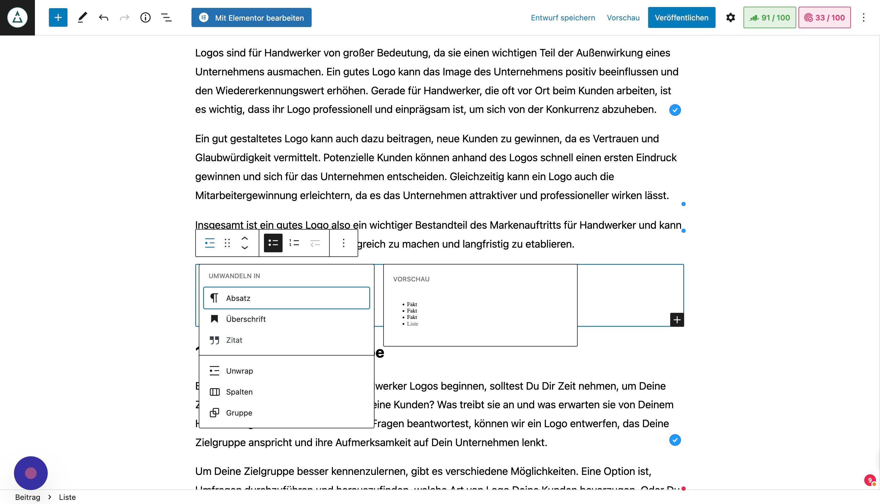 Screenshot of: Auch die Darstellung als Zitat ist möglich.