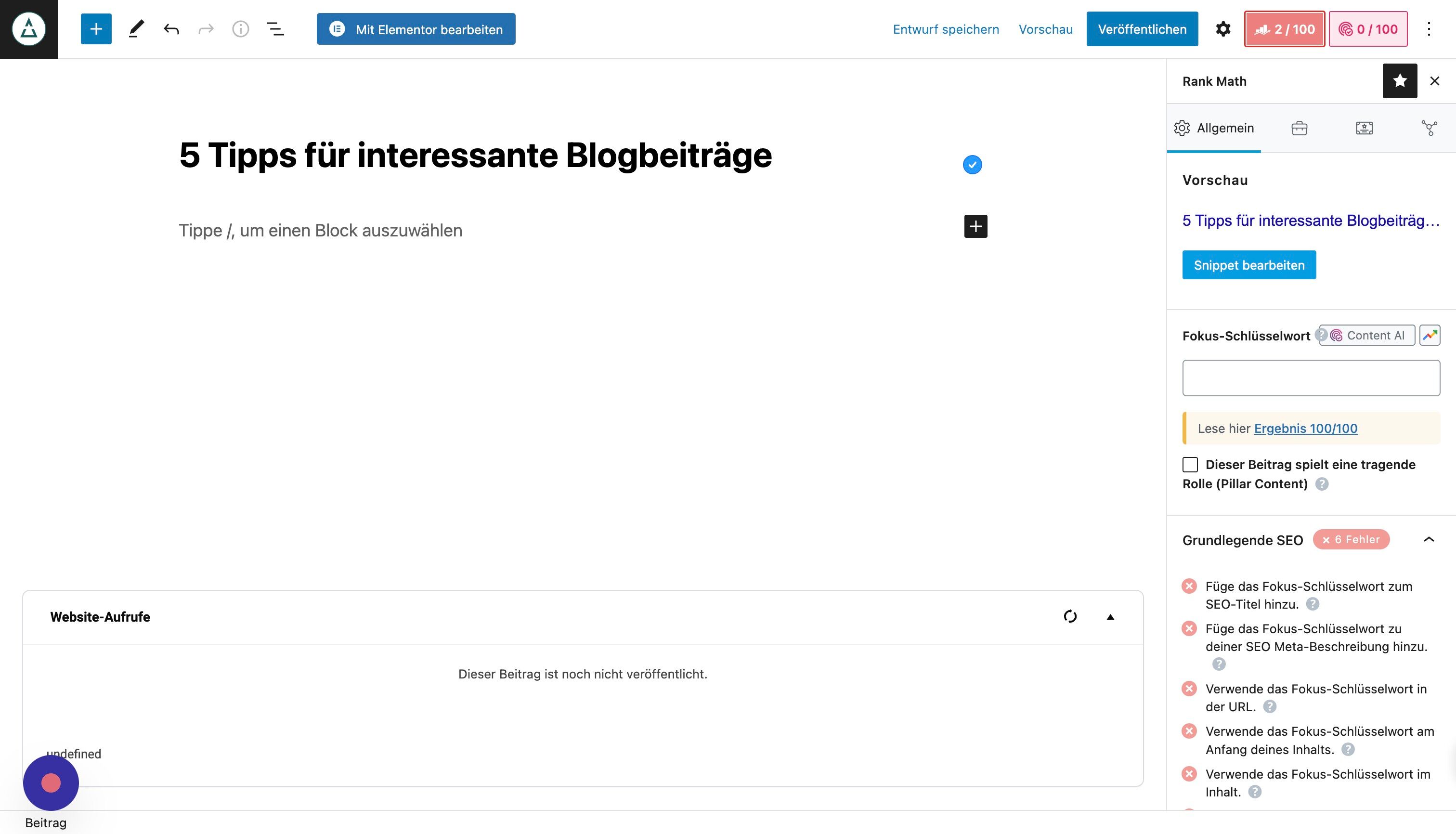 Screenshot of: Füge hier dein focus keword ein.