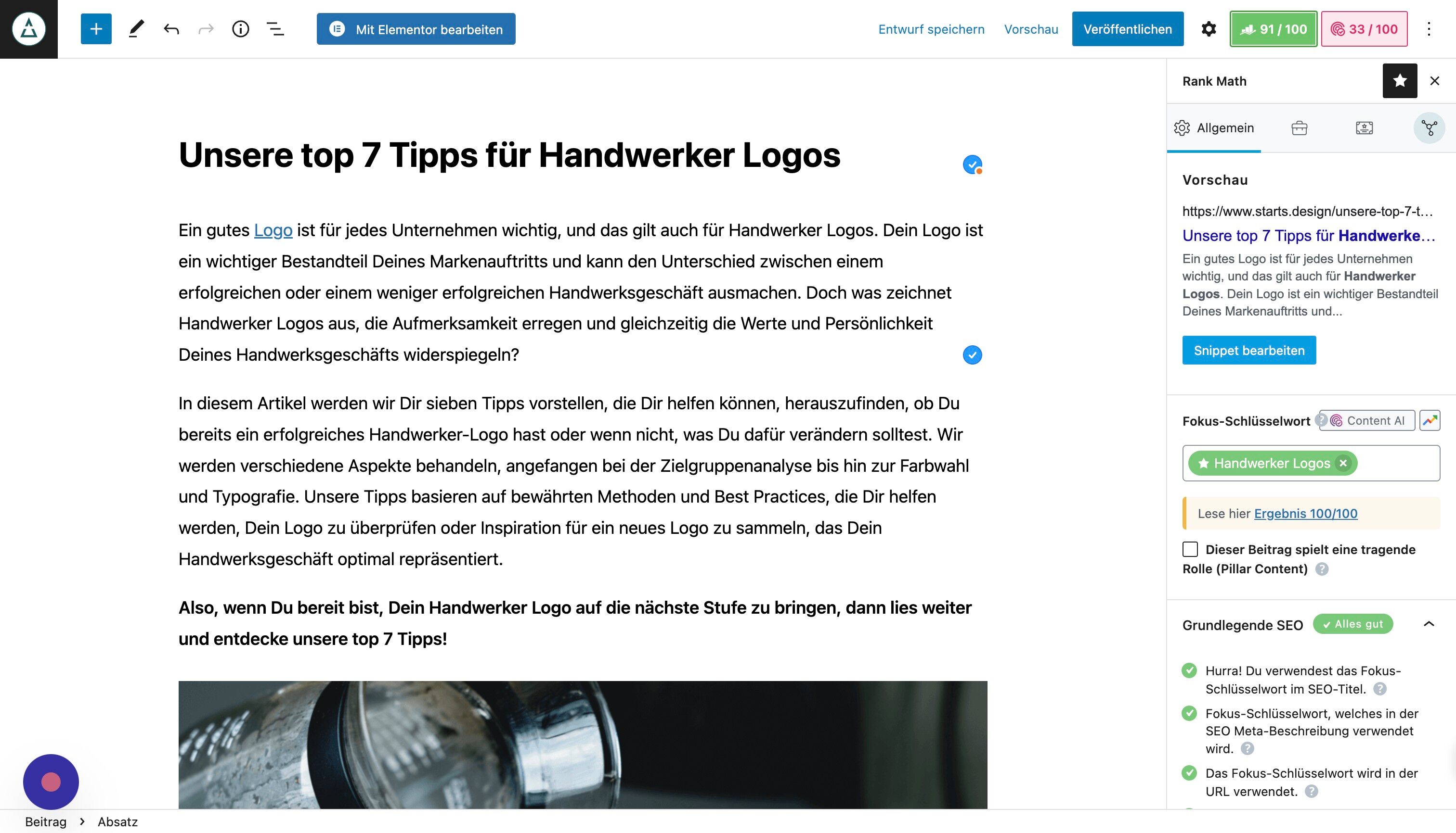 Screenshot of: Über den Button "Social" können wir das Snippet festlegen, also den kleinen Textausschnitt, den Nutzer bei einer Google-Suche angezeigt bekommen.