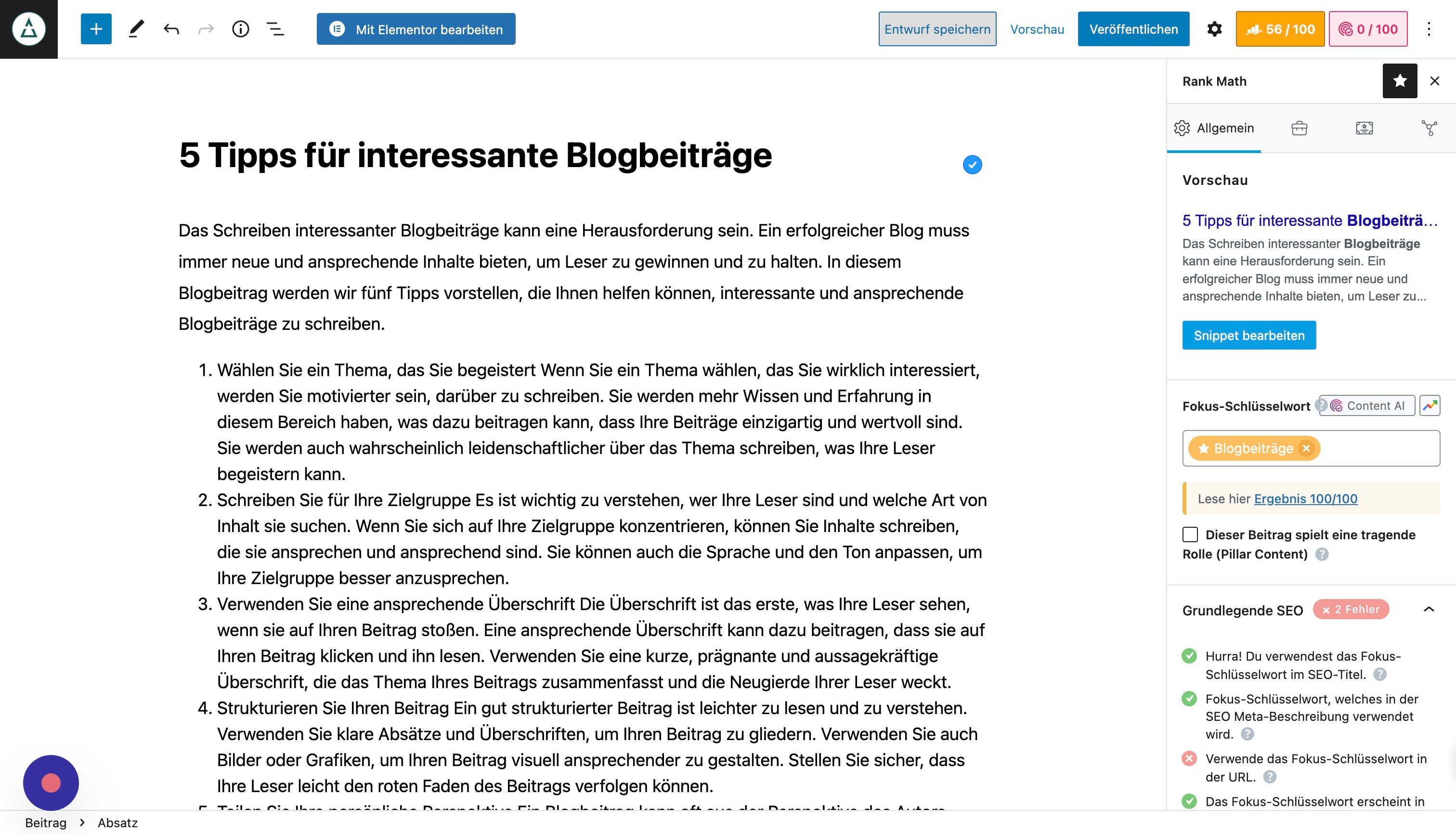 Screenshot of: Klicke auf "Entwurf speichern", um zwischenzuspeichern.
