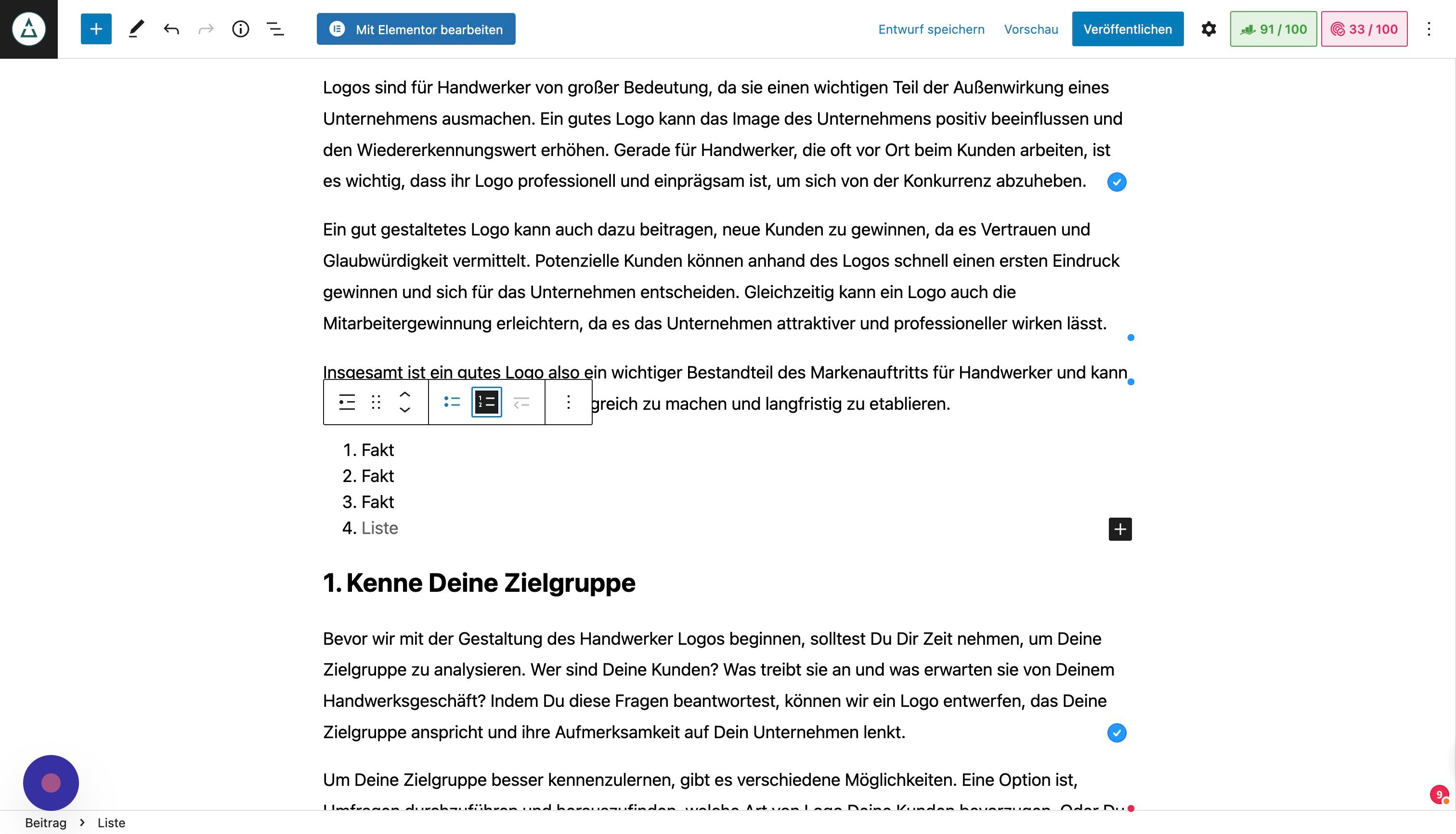 Screenshot of: Die Liste selbst kann durch Punkte oder Zahlen dargestellt werden 