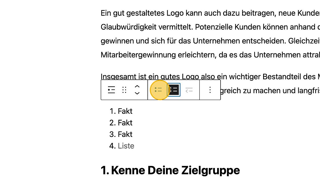 Screenshot of: Die Liste selbst kann durch Punkte oder Zahlen dargestellt werden
