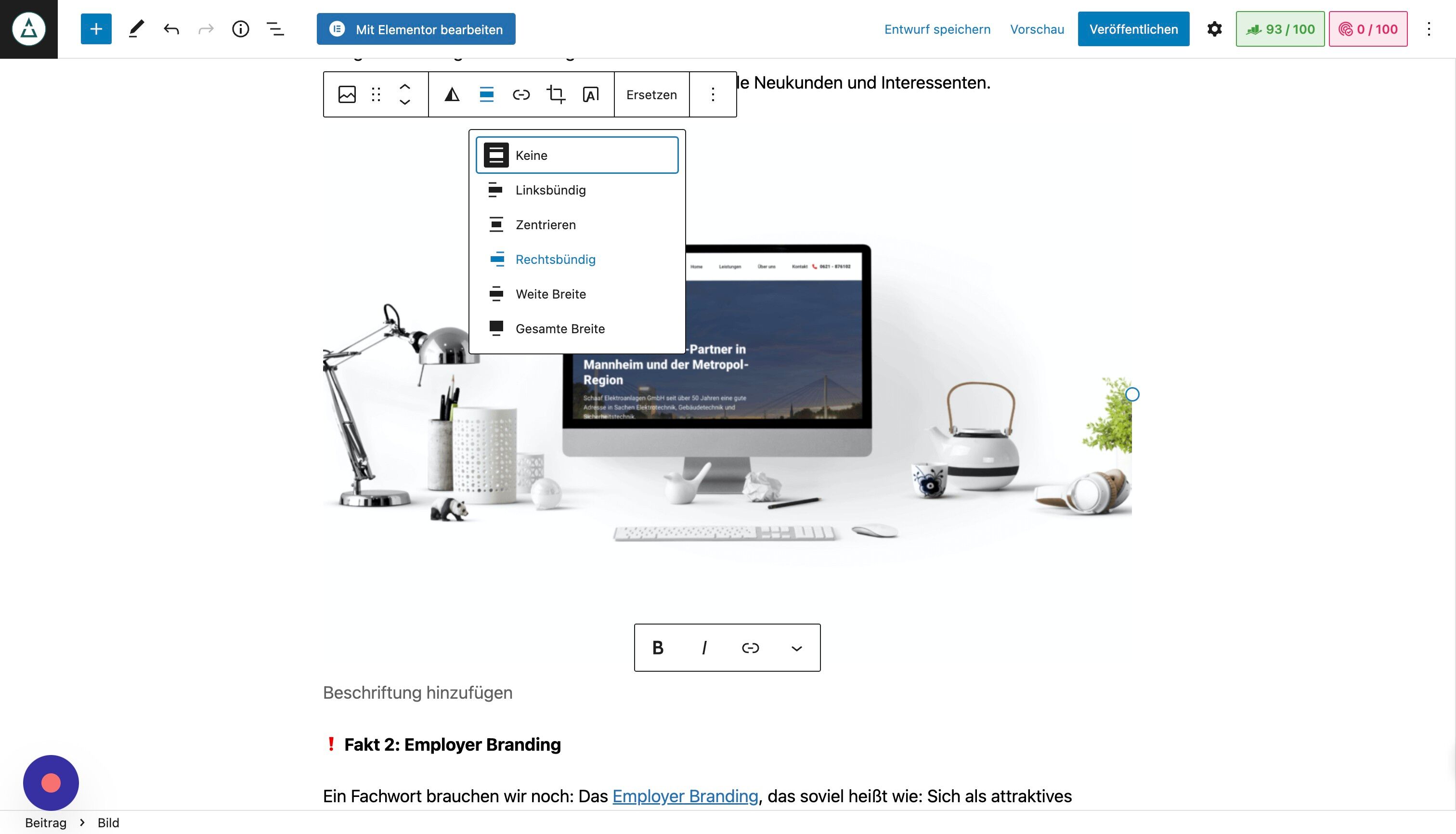 Screenshot of: Du kannst das Bild nun auf ganzer Breite oder rechts-/linksbündig anzeigen lassen.