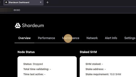 Screenshot of: Shardeum Dashboard
Click "Maintenance" tab