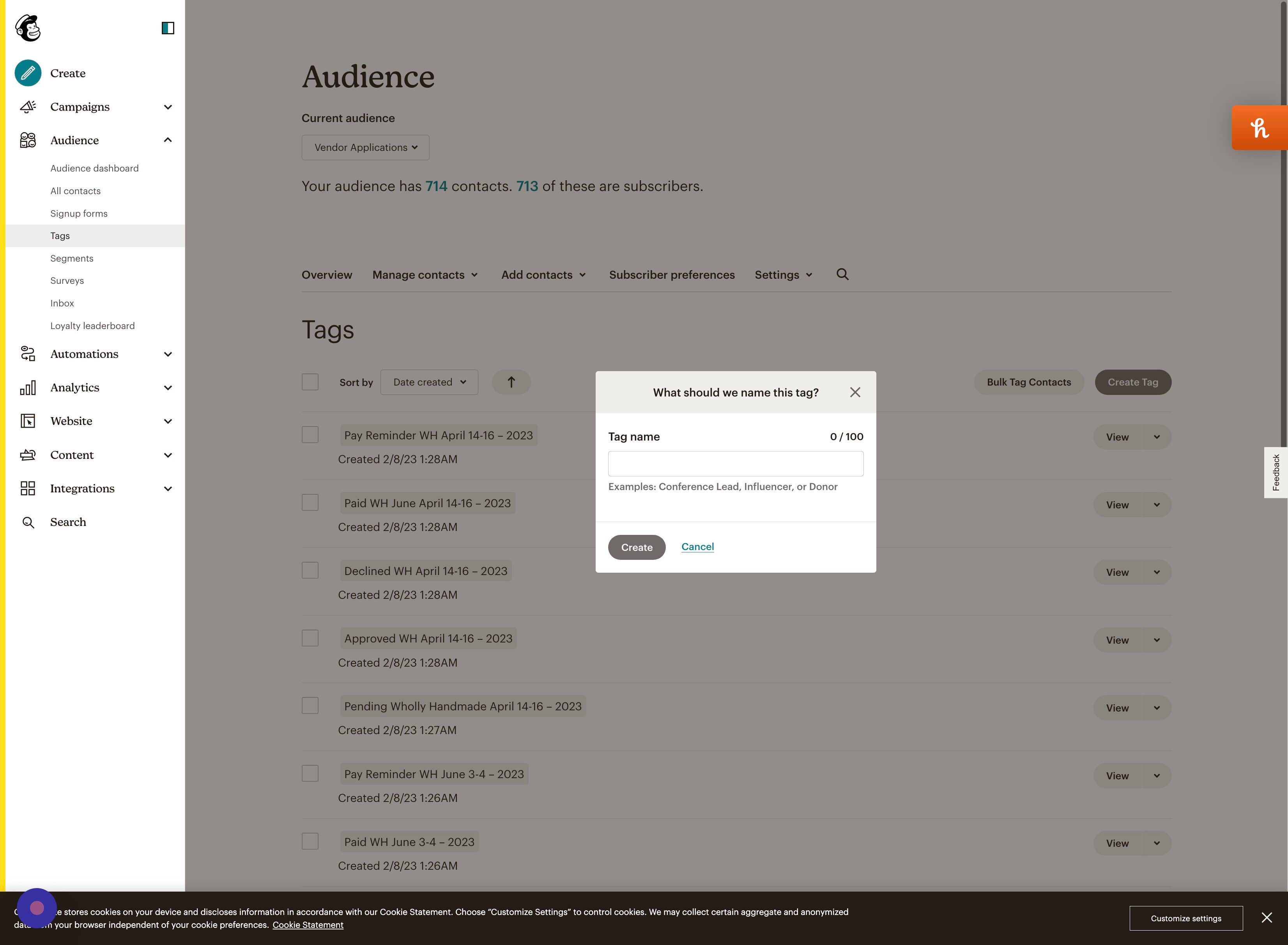 Screenshot of: Add your new tags: FOLLOW EXACT FORMATTING WITH NEW DATES
Pending Wholly Handmade August 14-16 - 2023
Approved WH August 14-16 - 2023
Declined WH August 14-16 - 2023
Paid WH June August 14-16 - 2023
Pay Reminder WH August 14-16 - 2023