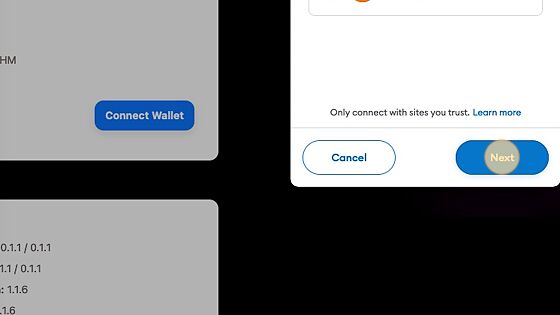 Screenshot of: In the popup, select your wallet and click "Next"