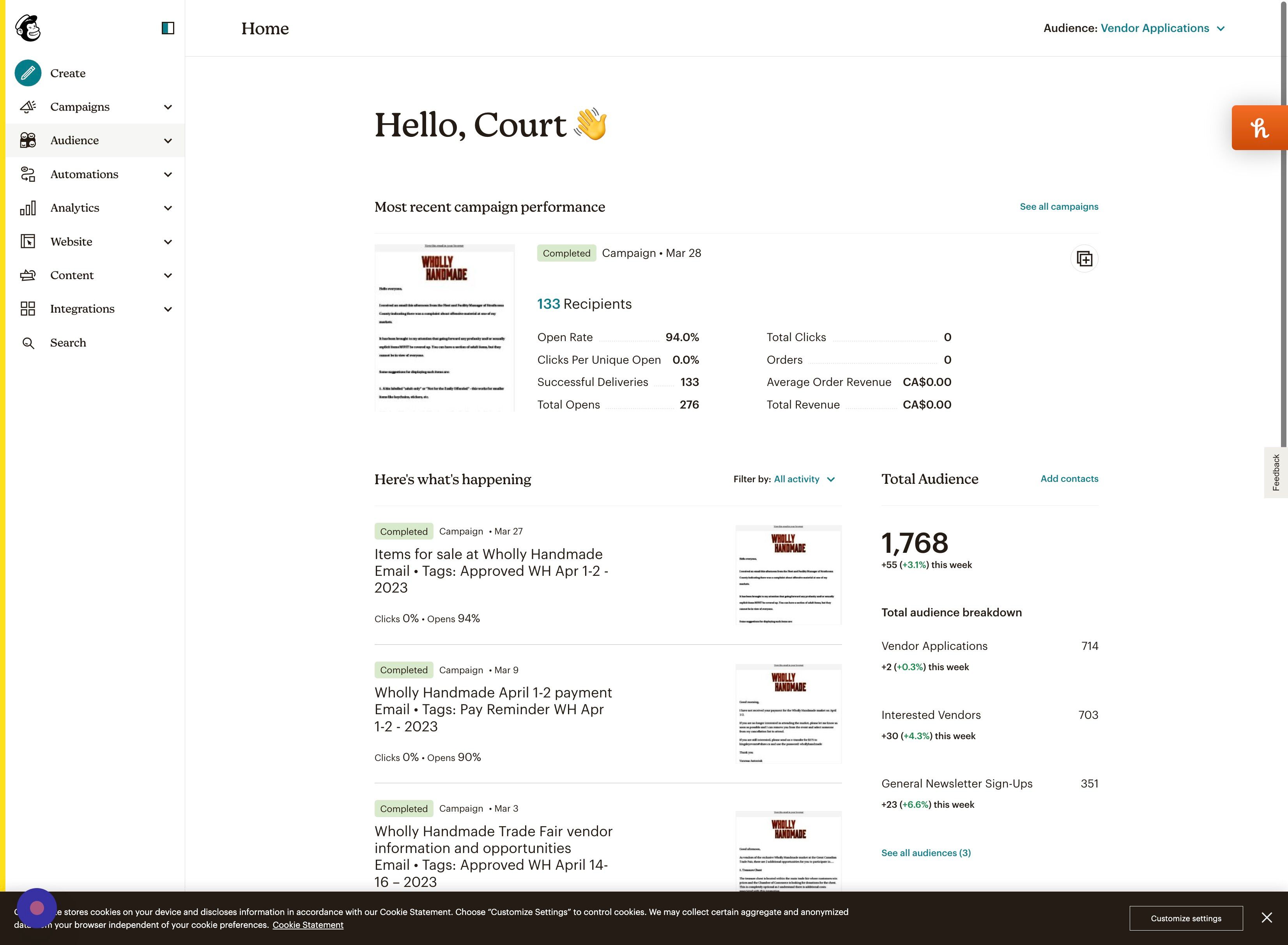 Screenshot of: Go to Mailchimp
Click "Audience"