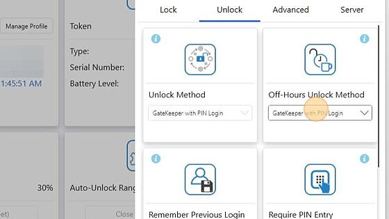 Screenshot of: Click drop-down menu from "Off-Hour Unlock Method".